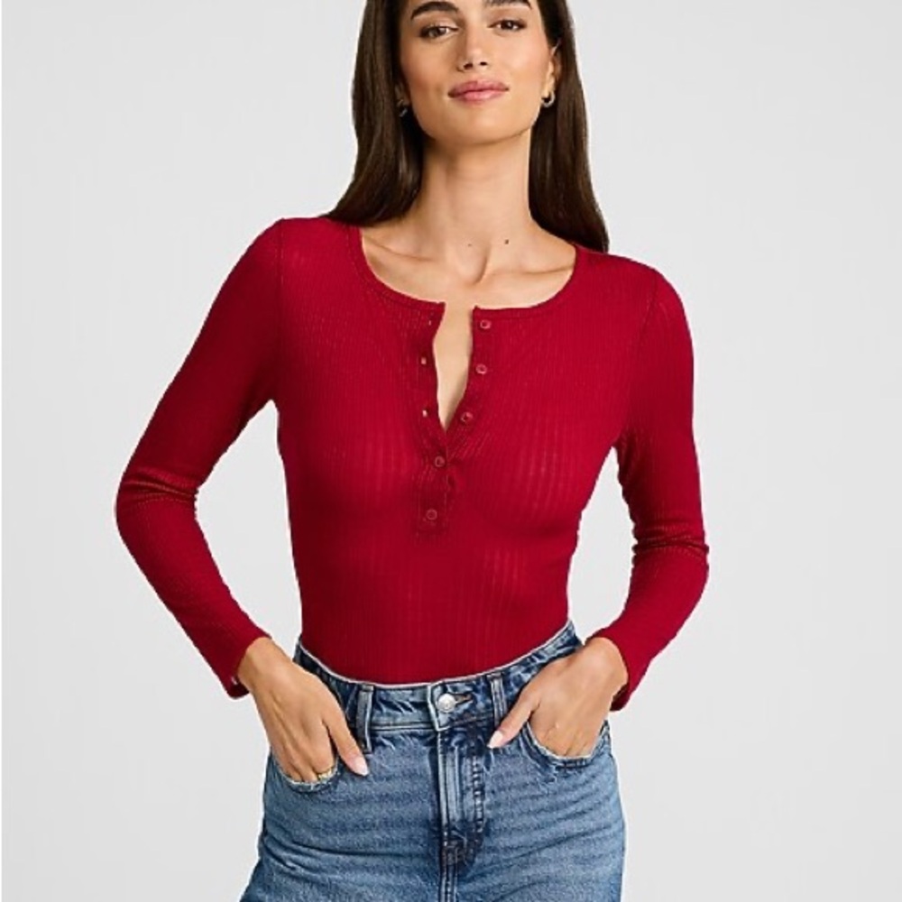 EUC Express Sheer Ribbed Long Sleeve Henley Button Down Tee Dark Red Size Small